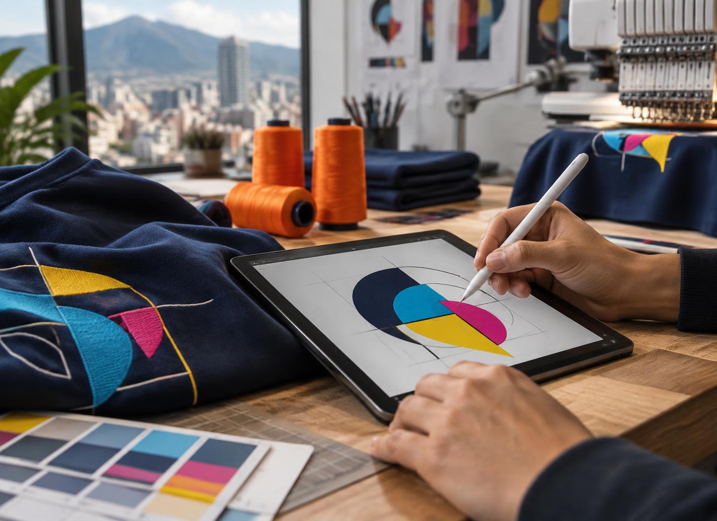 Manos trazando un diseño abstracto en una tableta